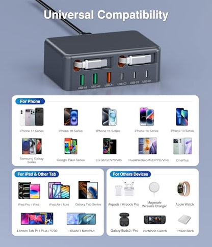 2026 Updated USB-C Fast Charging Station, 120W GaN 8-Port Retractable Charger Adapter, Includes 2.3ft Lightning+Type-C Dual Cable, Wall Charger Block Plug Cube for iPhone 17/16/15,iPad,Pixel, Galaxy