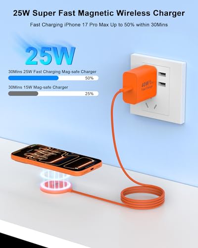25W Magnetic Wireless Charger Apple Mag Safe Charger [Apple MFi Certified] - color: Orange, size: 4FT