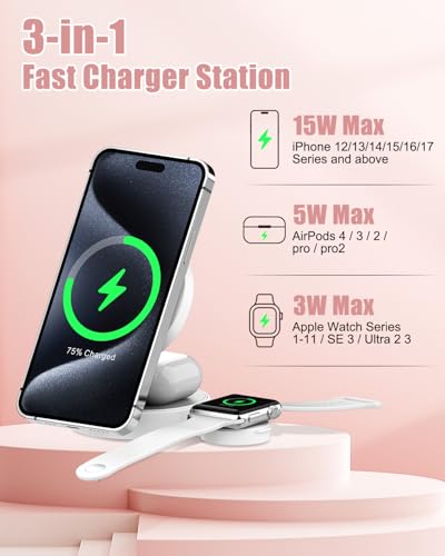 3-in-1 Magnetic Wireless Charger for iPhone, Apple Watch & AirPods, White - color: White