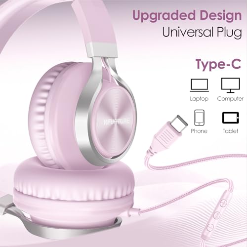 INFURTURE USB C Headphone for Kids & Adults Over-Ear Wired Pink Headphone - color: Rose Pink