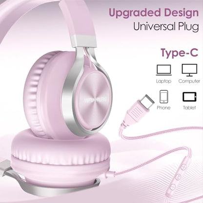 INFURTURE USB C Headphone for Kids & Adults Over-Ear Wired Pink Headphone - color: Rose Pink