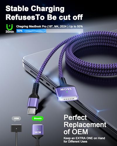 140W MagSafe 3 Cable 6.6ft, Mac Charging Cable for Apple MacBook Pro/Air - color: Purple