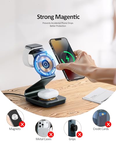 Wireless Cell Phone Charger Station 3 in 1, Magnetic Wireless Fast Phone Charger Dock Stand for iPhone 16/15/14/13/12/Apple Watch/AirPods Pro, 15W USB-C iPhone Wireless Charger, Black