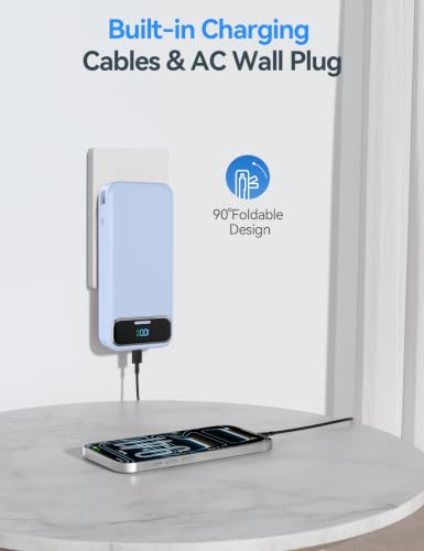 aonidi Portable Charger 20000mAh with Built-in Cables&AC Wall Plug, Blue - color: Sky Blue