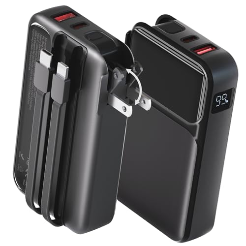 Portable Charger with Built-in Wall Plug and Cables, 22.5W Fast Charging Power Bank, USB-C and Lightning Cables, 4-Device Travel Battery Pack for iPhone, Samsung and iPad - color: Black