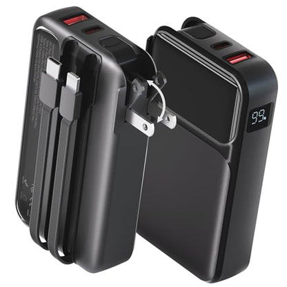 Portable Charger with Built-in Wall Plug and Cables, 22.5W Fast Charging Power Bank, USB-C and Lightning Cables, 4-Device Travel Battery Pack for iPhone, Samsung and iPad - color: Black