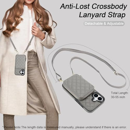 Bocasal Crossbody Wallet Case Card Holder for iPhone 17, Grey | RFID Blocking PU Leather Zipper Handbag Purse, Kickstand Flip Folio Case with Card Slots Holder Wrist Strap Lanyard 6.3 Inch - color: Gray