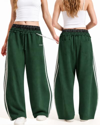 Women's Baggy Barrel Sweatpants, Double Waist Striped Wide Leg Pants - color: Green, size: Small
