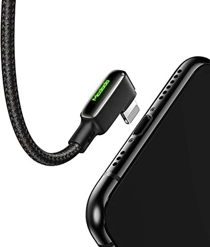 mcdodo USB 90 Degree Right Angle Design Gaming LED Cord Nylon Braided Sync Charge USB Data 6FT/1.8M Cable Compatible with iPhone 14/13/12/11 Pro Max (Black, 4FT/1.2M)