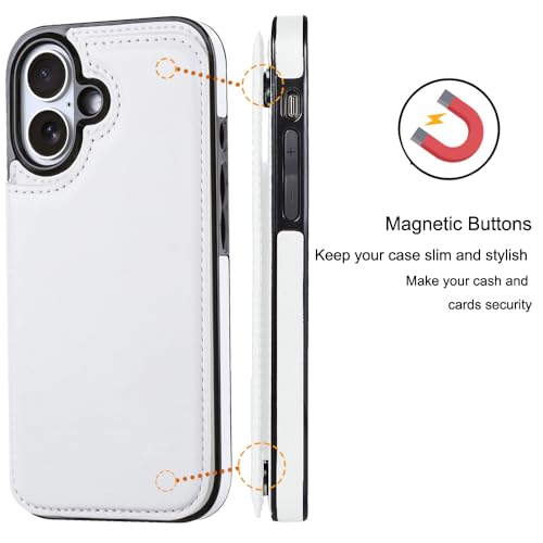 Wallet Case Compatible with iPhone 16 6.1", Slim Protective Case with Card Holder,Premium PU Leather Kickstand Card Slots Case with Double Magnetic Clasp-White - color: White, size: iphone 16 6.1"