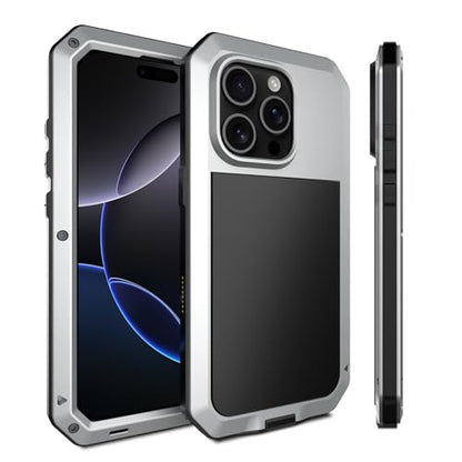 for iPhone 16 Pro Max Metal Case 6.9",Heavy Duty Shockproof Aluminum Alloy Tough Armour Military Phone Case,360 Full Body Protective Cover with Silicone Built-in Screen Protector - Silver - color: Silver