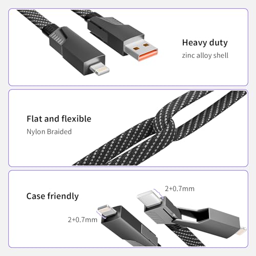 4 in 1 Charging Cable Fast Charging 65W with E-Mark Chip, Carplay - color: Dark Black, size: 4FT 1Pack