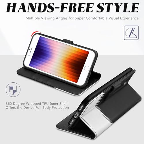 TUCCH Wallet Case for iPhone SE 2022/SE 2020/iPhone 7/8 4.7", Black & White | 3 Card Holders, Kickstand, PU Leather, Shockproof TPU Shell, Magnetic Closure, Protective Folio Cover - color: Black & White