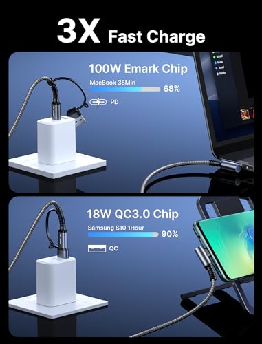 JSAUX 3-in-1 USB C Cable 2-Pack 10FT, 100W Right-Angle Fast Charging, Grey - color: Grey, size: 10FT