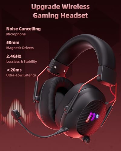 Mytrix Tac Master 2.4GHz Wireless Gaming Headset with Noise Canceling Microphone for PC, PS4, PS5, Mac, Bluetooth 5.3 Gaming Headphones with RGB Light, Surround Sound, 50H Battery (Black)