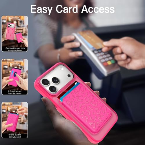 Magnetic Designed for iPhone 17 Pro Case 6.3" 2025, Hot Pink | [Compatible with Magsafe] [with Wallet & Card Holder] [Cute Cheetah Print] Slim Translucent Matte Phone Case - color: Hot Pink+Cheetah, size: iPhone 17 Pro