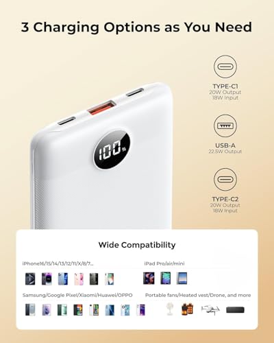 Small Portable Charger 10000mAh 20W Fast Charging Mini Power Bank, White - color: White