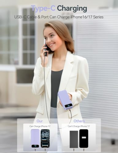 aonidi Portable Charger 20000mAh with Built-in Cables&AC Wall Plug, Purple - color: Violet