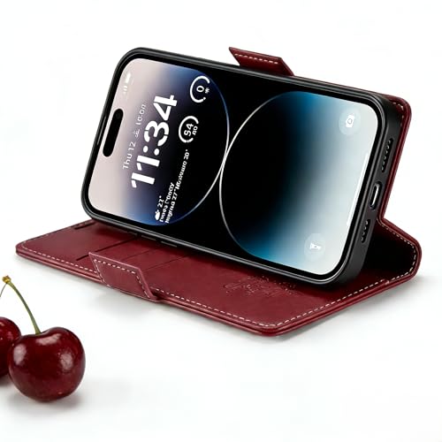 WJX for iPhone 14 Plus Elegant Wallet Case, Premium Minimalist Business Matte Leather Protective Cover with Built-in Kickstand, Slim Shockproof Full Protection, Red - color: Red, size: iPhone 14 Plus