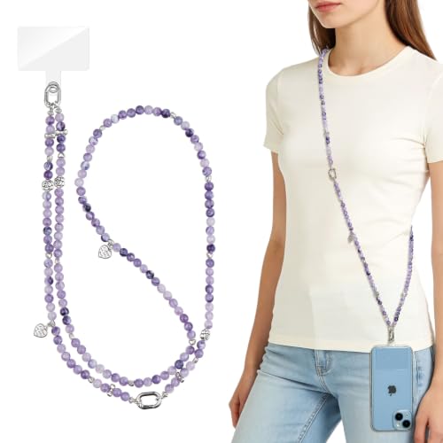 WOZEAH Crystal Cell Phone Lanyard Crossbody Strap for Women, Beaded Phone Strap for Cellphone Case with Tether Tab - color: Purple Bead