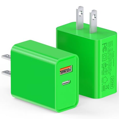 2 Pack USB C Charger Block, 20W USB-C & USB-A Port Adapter - color: Bright Green