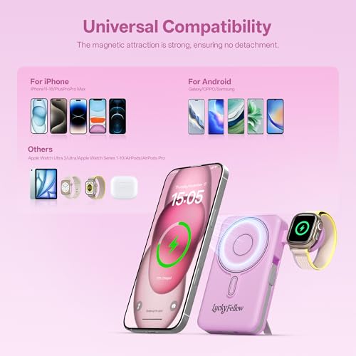 Magnetic Portable Charger Built-in Cables,10000mAh Fast Charging Wireless Charger Station External Battery Pack Slim Pocket Size Power Bank with Stand Compatible with iWatch, iPhone - color: Purple