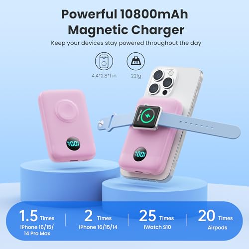 Magnetic Portable Charger for iPhone and Apple Watch, 10800mAh 25W PD Fast Charging USB C Power Bank, 4 Outputs Dual-Side Magnet Travel Essentials Battery Pack for iPhone 18/17/16/15/14/13/12, Pink - color: Pink
