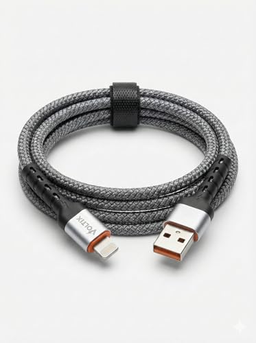 Voltix USB-A to Lightning Cable, 6A Super Fast Charging, 3.3 FT Braided Nylon, High-Speed Data Transfer, Compatible with iPhone 8, XR, 11, 12, 13 Series, Gray