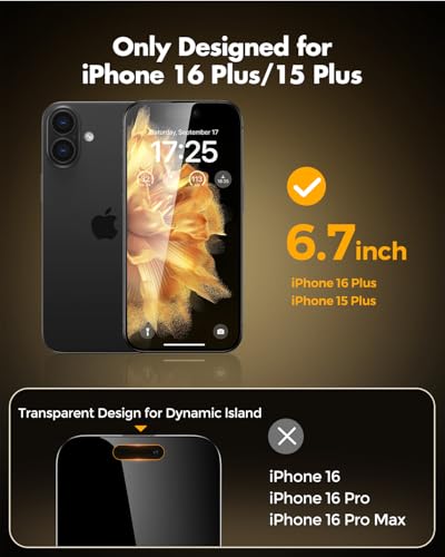 UNBREAKcable Privacy Screen Protector for iPhone 16 Plus, Full Coverage Shatterproof Tempered Glass [True 28°Anti Spy] [9H Hardness] [Easy Installation Frame] 2-Pack Private Screen for iPhone 16 Plus - size: iPhone 15 Plus/iPhone 16 Plus