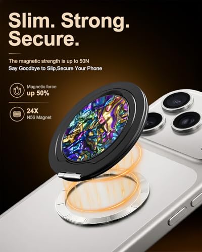Magnetic Phone Grip for MagSafe, Ultra-Thin 360° Rotate Lightweight - color: Black-Colorful Shells