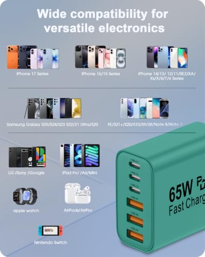 2-Pack 65W USB C Charger Block, 6-Port Fast Wall Charging Block [3 PD USB-C & 3 QC USB-A] for iPhone 17 16 15 Pro Max, iPad Pro, Galaxy S26 S25, Pixel 10 9, iWatch,Google & More - color: Green