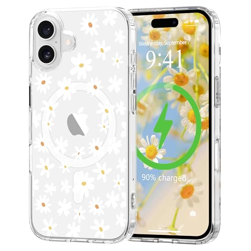 for iPhone 17 Case Flower Clear Magnetic Floral 6.3 Inch,White | [Compatible with Magsafe], Cute Flower Girls Women Clear Case Silicone Shockproof Protective Cover with Pretty Floral Pattern - color: White, size: iPhone 17
