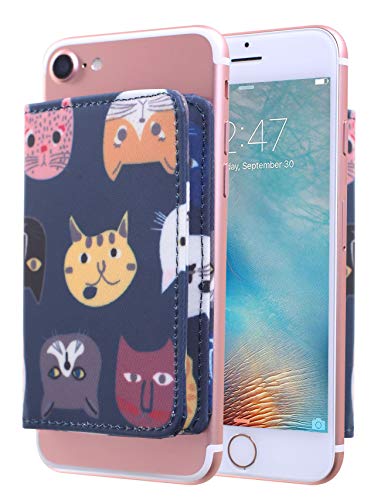 CheapSunday ID Card Holder for Back of Phone Leather Phone Wallet Stick On with Stand Flip Waterproof Leather Adhesive Wallet for Most Cellphones (Blue Cat Small) - color: Bluecat Small