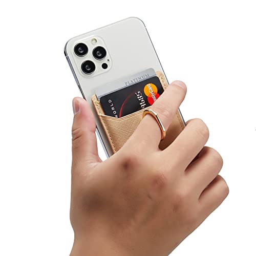 Card Holder Sleeve with Ring, RFID Credit Wallet PU Leather Stick On Back Grip for iPhone Samsung Smartphone - Gold - color: Gold