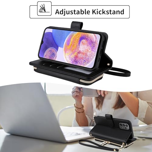 Wallet Case for Samsung Galaxy A23 5G/4G with Detachable Wrist Strap, 9+ Card Slots Zipper Purse, Luxury PU Leather Stand Full Body Accessories Cell Phone Cover for A 23 23A 6.6 Women Black | Girls, Wrist/Shoulder Strap, 9+ Card Slots, Purse, Luxury PU Le