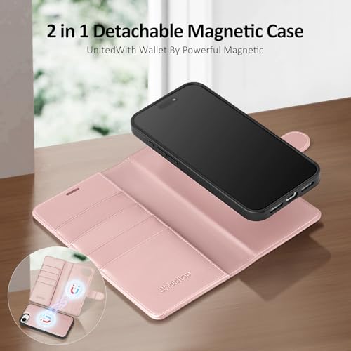 Shieldtop Compatible with MagSafe iPhone 17e / 16e Wallet Case,Rose Gold | 2 in 1 Detachable Magnetic,Credit Card Holder Slots,RFID Blocking,PU Leather,Kickstand,Flip Folio Phone Cover for Men & Women - color: Rose Gold