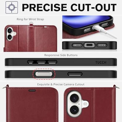 TUCCH Wallet Case with Wrist Strap for iPhone 16 (6.1") 2024, Dark Red | 4 Card Holders, RFID Blocking, Viewing Stand, Shockproof TPU Shell, PU Leather, Magnetic Closure, Folio Flip Cover - color: Strap - Dark Red