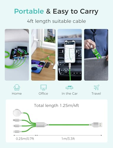 2Pack Multi Charging Cable for Apple Watch Charger 4 in 1 Travel Essentials RV Camping Essentials USB C/L/Micro Compatible with iWatch Series 11-1/iPhone 17/16/15/Android Airplane Gadgets-4FT/Green - color: Green, size: 4FT+4FT