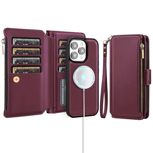 Antsturdy Compatible with MagSafe iPhone 13 Pro Wallet Case,Wine Red | Detachable Magnetic Credit Card Holder,RFID Blocking,PU Leather Zipper Purse,Wrist Strap Kickstand,Flip Phone Cover for Women - color: (Detachable with Magsafe)-Wine Red