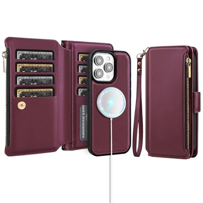 Antsturdy Compatible with MagSafe iPhone 13 Pro Wallet Case,Wine Red | Detachable Magnetic Credit Card Holder,RFID Blocking,PU Leather Zipper Purse,Wrist Strap Kickstand,Flip Phone Cover for Women - color: (Detachable with Magsafe)-Wine Red