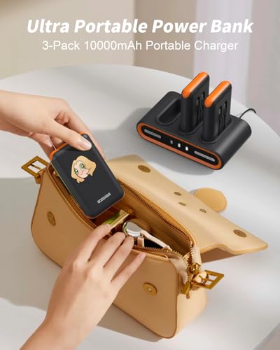 GOODaaa Portable Charger, 3-Pack 10000mAh Slim Power Bank Built in Cables - color: Black