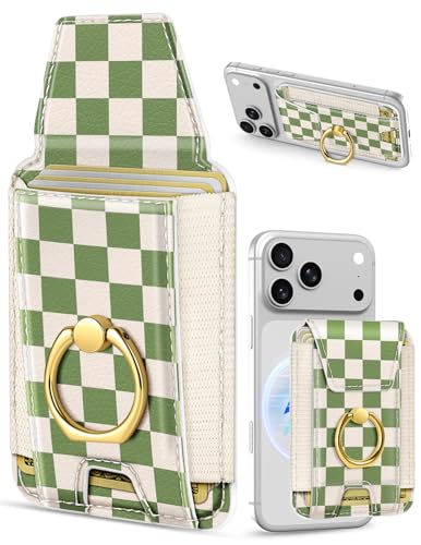 Shorogyt Compatible with Magsafe Wallet with Ring Grip Magnetic Card Holder - Cute Phone Wallets with Stand for iPhone 17/16/15/14/13/12 Series for Women Girls Green Grid Design, Fit 7 Cards - color: Green Grid