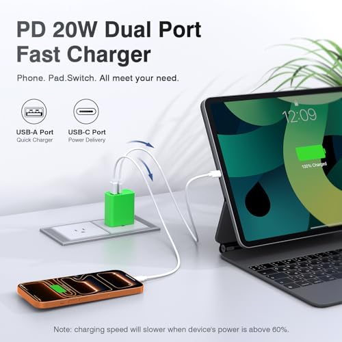 2 Pack USB C Charger Block, 20W USB-C & USB-A Port Adapter - color: Bright Green