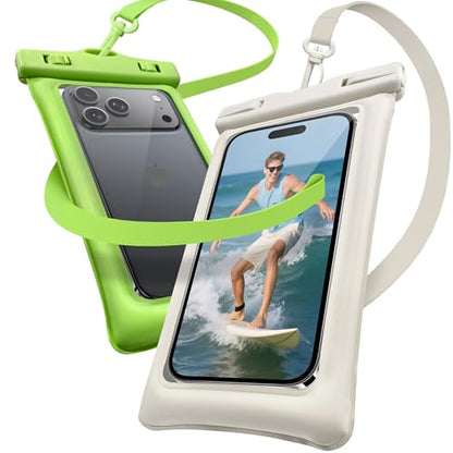 Floating Waterproof Phone Pouch 2 Pack - Dual Floatable Airbags Up to 7.2", IPX8 Waterproof Phone Dry Bag with Lanyard for Beach, for iPhone 17 16 15 Samsung Galaxy Etc., White + Green - color: White + Green