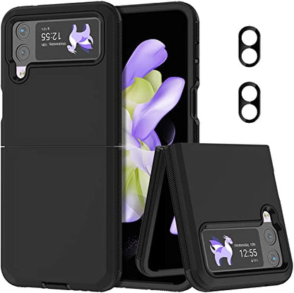 for Galaxy Z Flip 4 Case with Camera Lens Film,Shockproof Protective Phone Case Heavy Duty Full Body Protection Drop Proof Hard Rugged Cover for Samsung Galaxy Z Flip 4 (Black) - color: Black