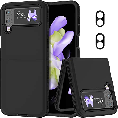 for Galaxy Z Flip 4 Case with Camera Lens Film,Shockproof Protective Phone Case Heavy Duty Full Body Protection Drop Proof Hard Rugged Cover for Samsung Galaxy Z Flip 4 (Black) - color: Black