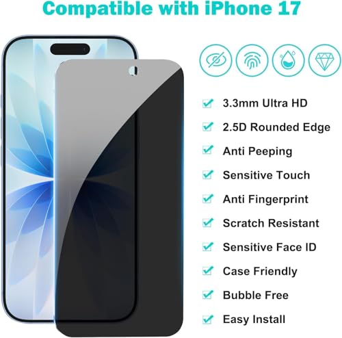 3 Pack for iPhone 17 Privacy Screen Protector +2 Camera Lens Cover - size: iPhone 17 (6.3 inch)