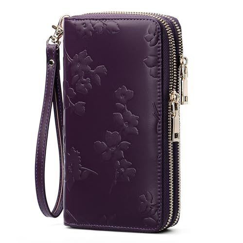 yiijay Womens Wallet RFID Blocking Large Capacity Vegan Leather Double Zip Wristlet Wallet Card Holder Travel Ladies Clutch - color: Dark Purple