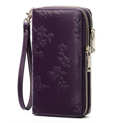 yiijay Womens Wallet RFID Blocking Large Capacity Vegan Leather Double Zip Wristlet Wallet Card Holder Travel Ladies Clutch - color: Dark Purple