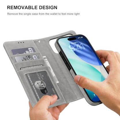 Bocasal Detachable Wallet Case Card Holder for iPhone 17 Pro, Grey | RFID Blocking Kickstand Card Slots Holder PU Leather Magnetic Shockproof Wrist Strap Removable Flip Protective Cover 6.3 inch - color: Gray